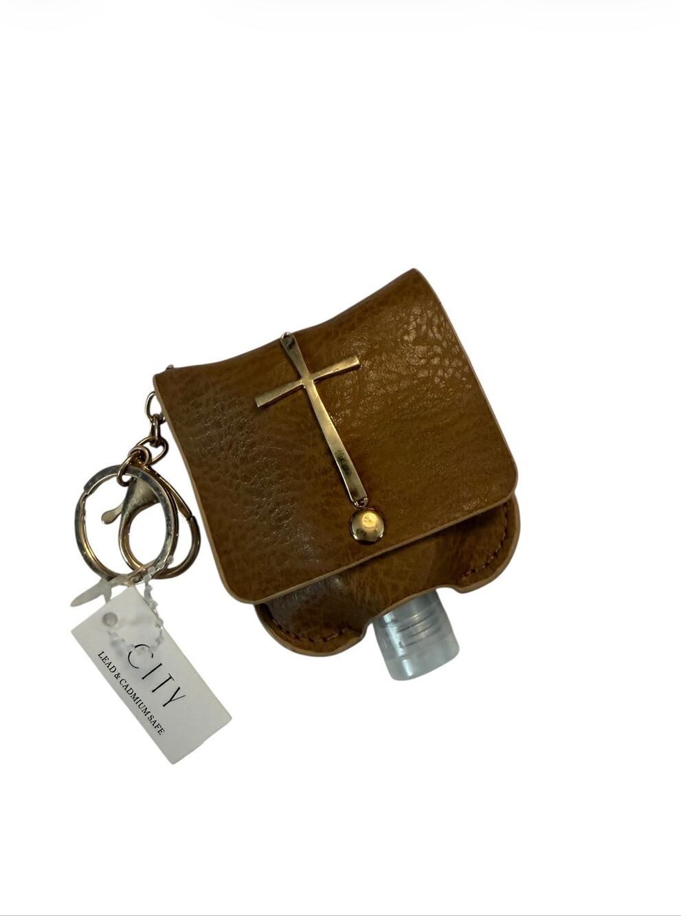 New CITY Genuine Leather Brown Gold-Tone Cross Hand Sanitizer Keychain holder